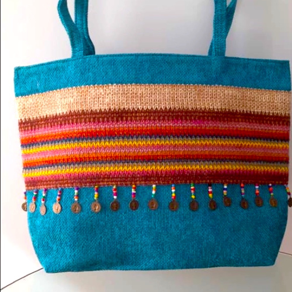 New embroidery & beads tote shoulder handbag linen